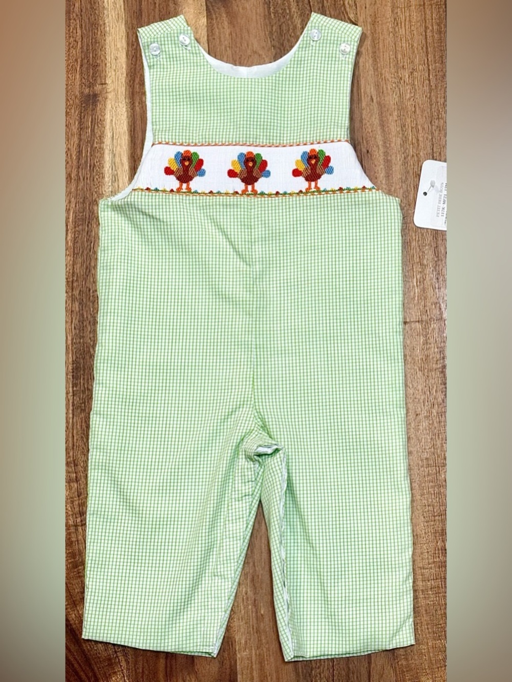 Petit Bebe Turkey Trio Hand Smocked Green Gingham Boys Longall size 12m NWT